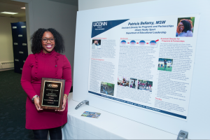 Patti Bellamy with her award during the 2017 Provost's Award for Public Engagement ceremony.